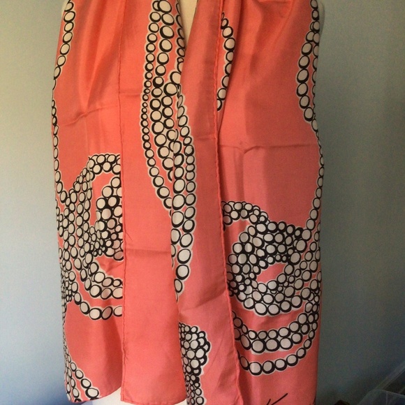Vintage Kenneth Jay Lane Silk Scarf Pink/Salmon with Pearls - Picture 1 of 6
